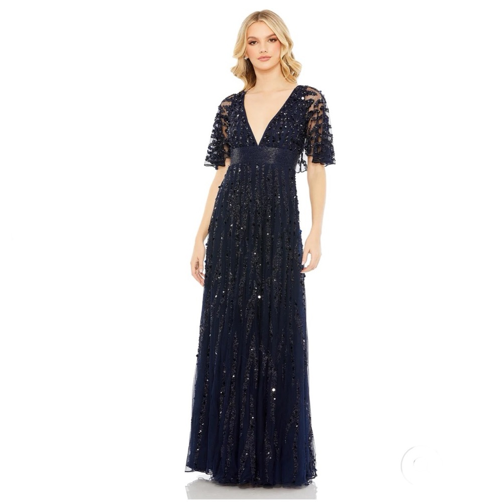 MAC DUGGAL Embellished V-Neck Column Gown NEW Size 10 Midnight Navy Blue Dress